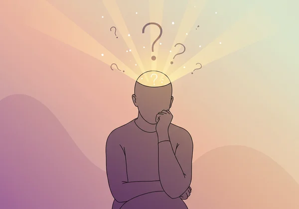 Person reflecting on identity with a thought bubble of question marks.