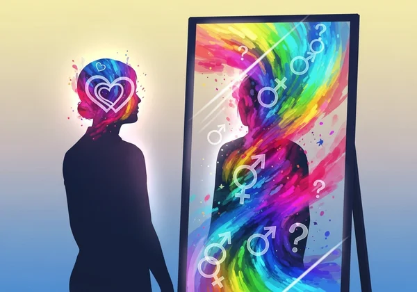 Person reflecting on their identity with a colorful spectrum.