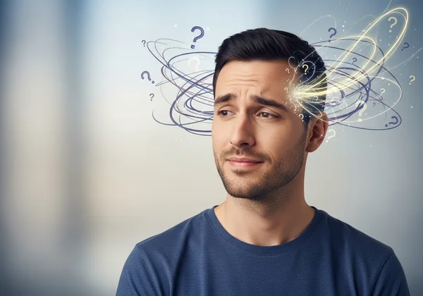 Man reflecting on sexuality, abstract symbols of confusion