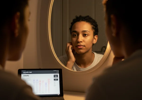 Person reflecting in mirror, test results appear on screen