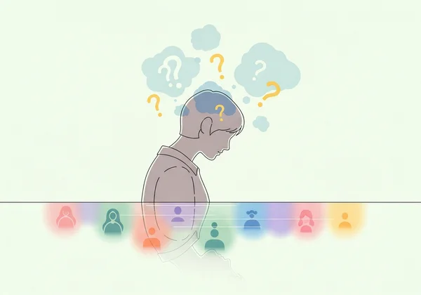 A person reflecting on their identity with a thoughtful quiz tool.