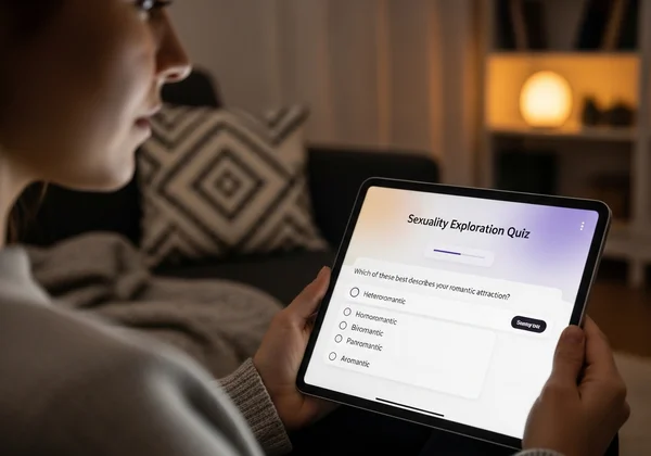 A person taking a sexuality quiz on a tablet in a calm space.